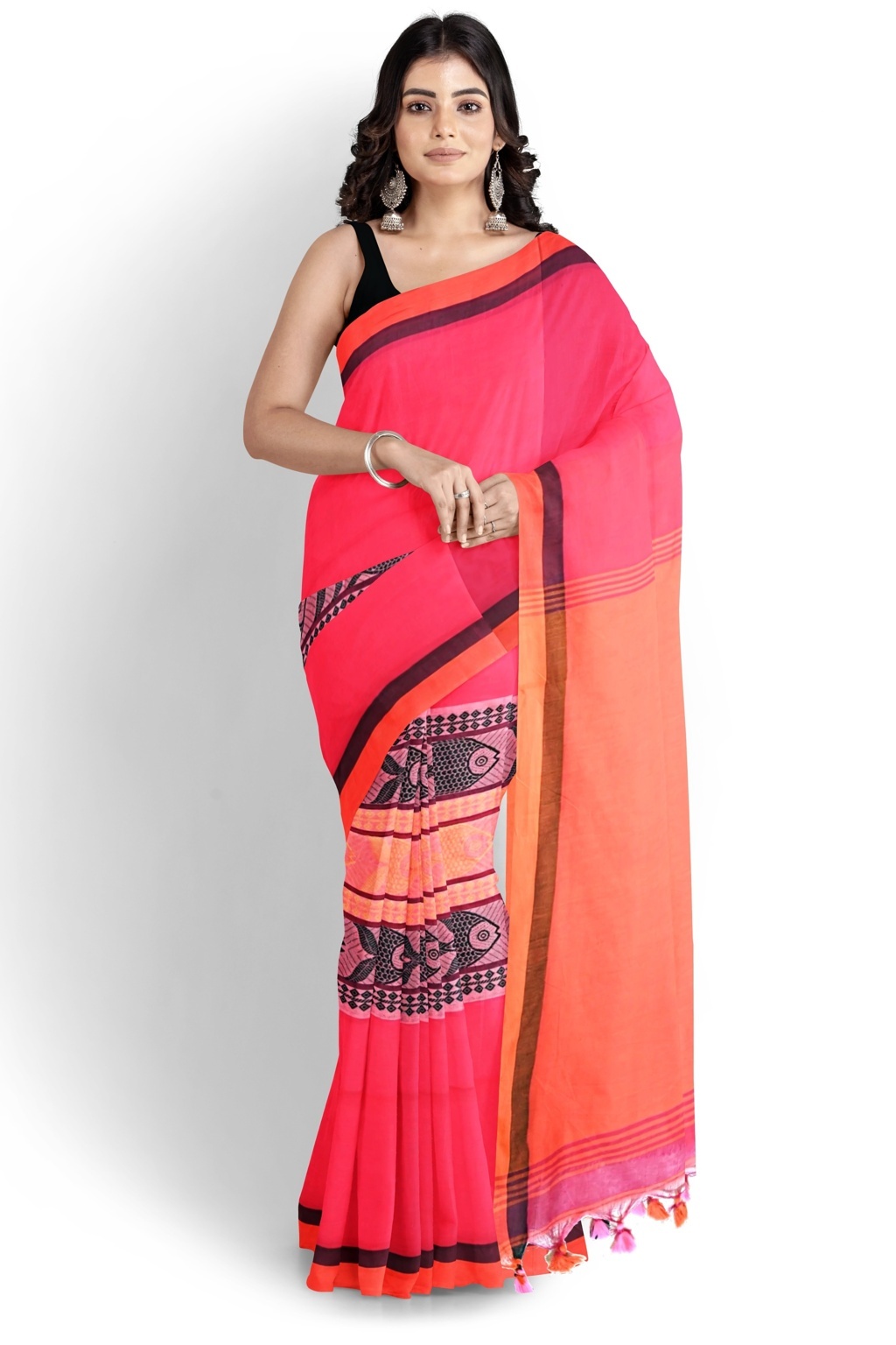 Pink Orange Pure Cotton Marine Hand Loom Saree (1278)